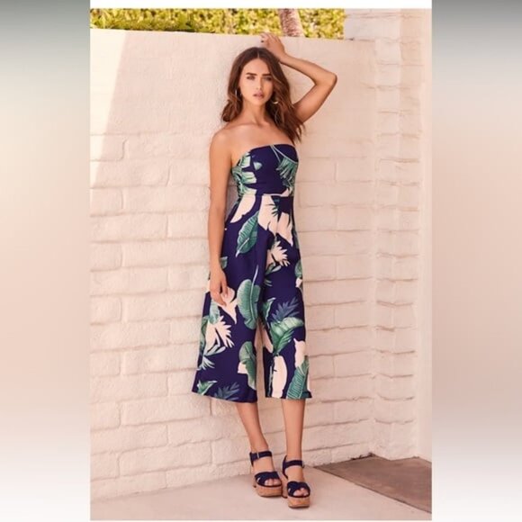 Lulus Pants - NWT Lulus Rainforest Blooms Navy Blue Print Strapless Midi Jumpsuit